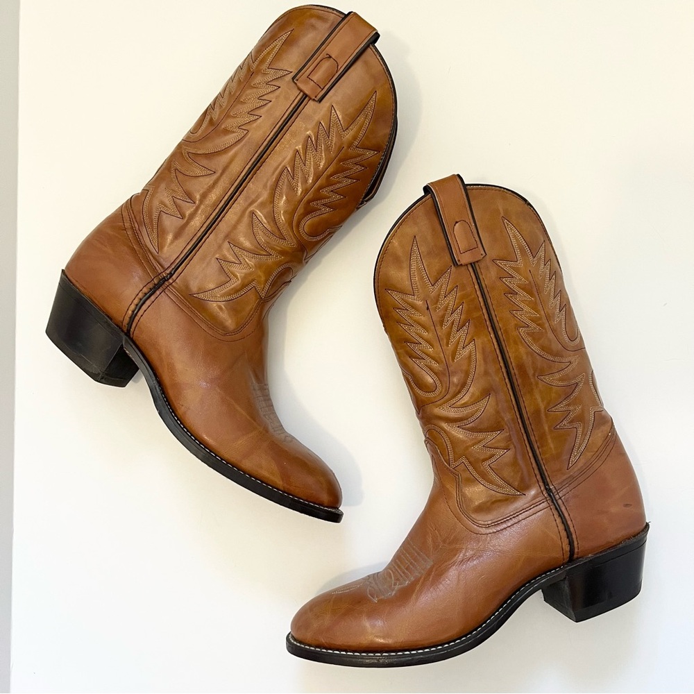 Vintage 1980’s Men's Cognac Leather Western Cowboy Boots Size 11D